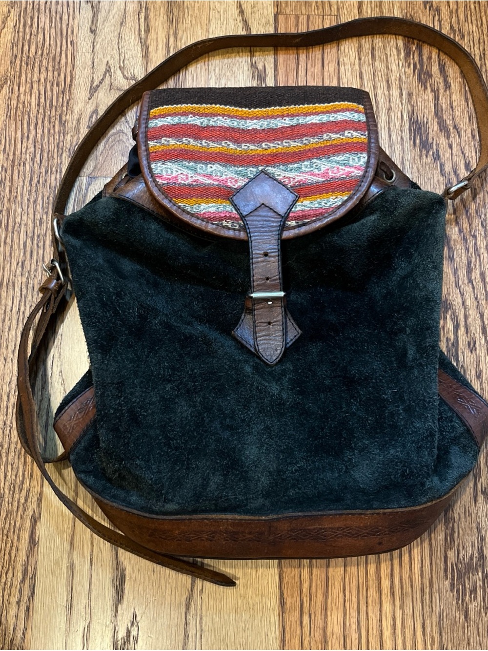 VTG Bolivian Suede Leather Embroidered Backpack Woven Andean Boho La Paz Small